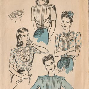 Vintage 1940s WWII Era Blouse with Jabots- Size 16- Bust 34- Advance 3652 40s vintage sewing pattern