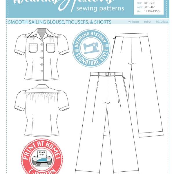 E-Schnittmuster- Extended Size Smooth Sailing 1930s Sport Togs- Blusen & Hosen Schnittmuster- PLUS SIZE- Trageverlauf PDF