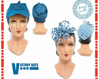 May include: Three mannequins wearing different styles of blue hats. The hats are all made of fabric and have a vintage look. The text "Victory Hats" is printed in blue at the bottom of the image.