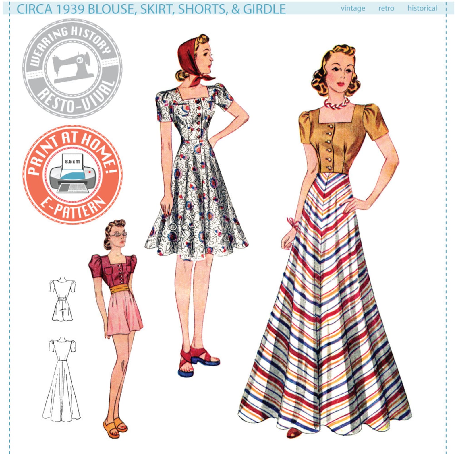 E-PATTERN- Circa 1939 Blouse, Skirt, Shorts & Girdle- 1930s 1940s ...