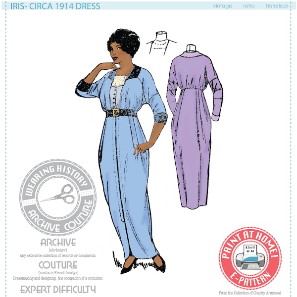 E-Pattern-  Circa 1914 Dress- 1910s- WWI- Bust 34" - Edwardian Wearing History PDF 1900 Vintage Historical Costume Sewing Pattern
