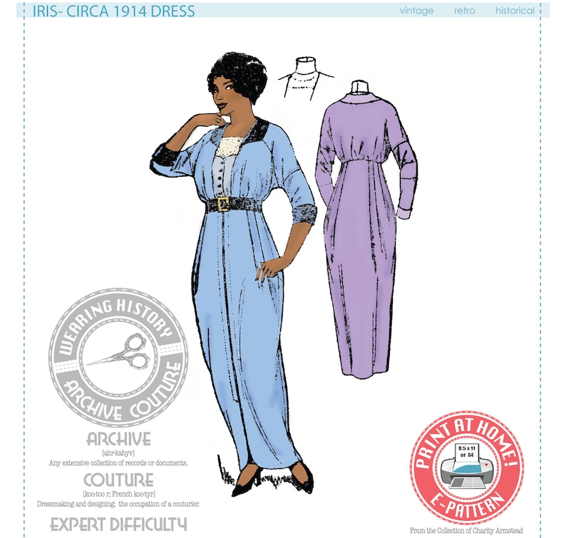 Edwardian Sewing Patterns- Dresses, Skirts, Blouses, Costumes     E-Pattern-  Circa 1914 Dress- 1910s- WWI- Bust 34 - Edwardian Wearing History PDF 1900 Vintage Historical Costume Sewing Pattern  AT vintagedancer.com