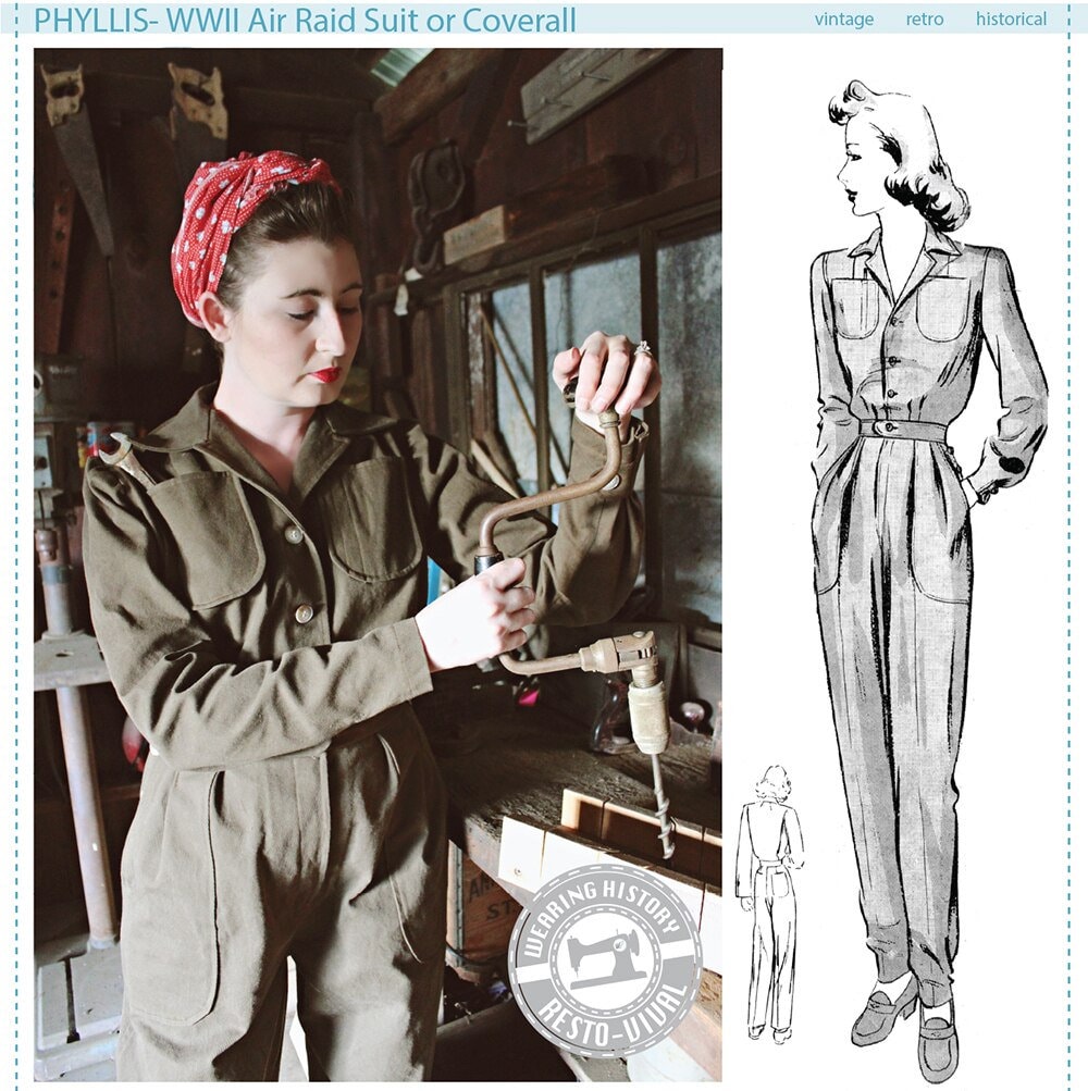 PRINTED PATTERN- Phyllis- WWII 1940s Air Raid Suit or Coverall Pattern- Wearing History