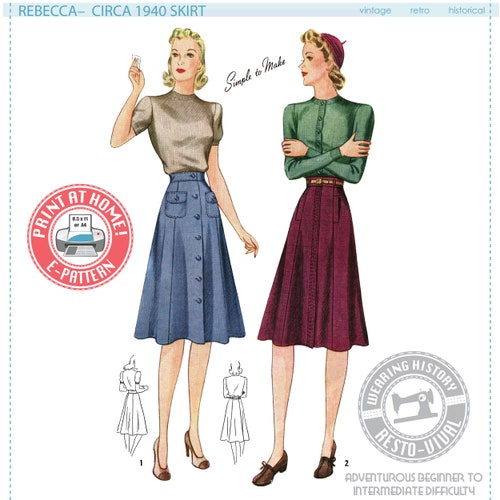 E-Pattern- 1940s "Rebecca" Skirt Pattern- Sizes 26-36" Waist Wearing History PDF Download Pattern 40s