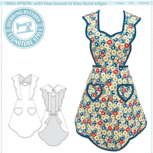 May include: A vintage 1940s apron with a floral print and blue trim. The apron has a sweetheart neckline, two heart-shaped pockets, and a tie at the back. The apron is labelled "Wearing History Signature Style".