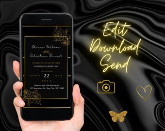 Black and Gold Wedding Invitation Template, Digital Downloadable invite, Simple Black and Gold Mobile Invitations