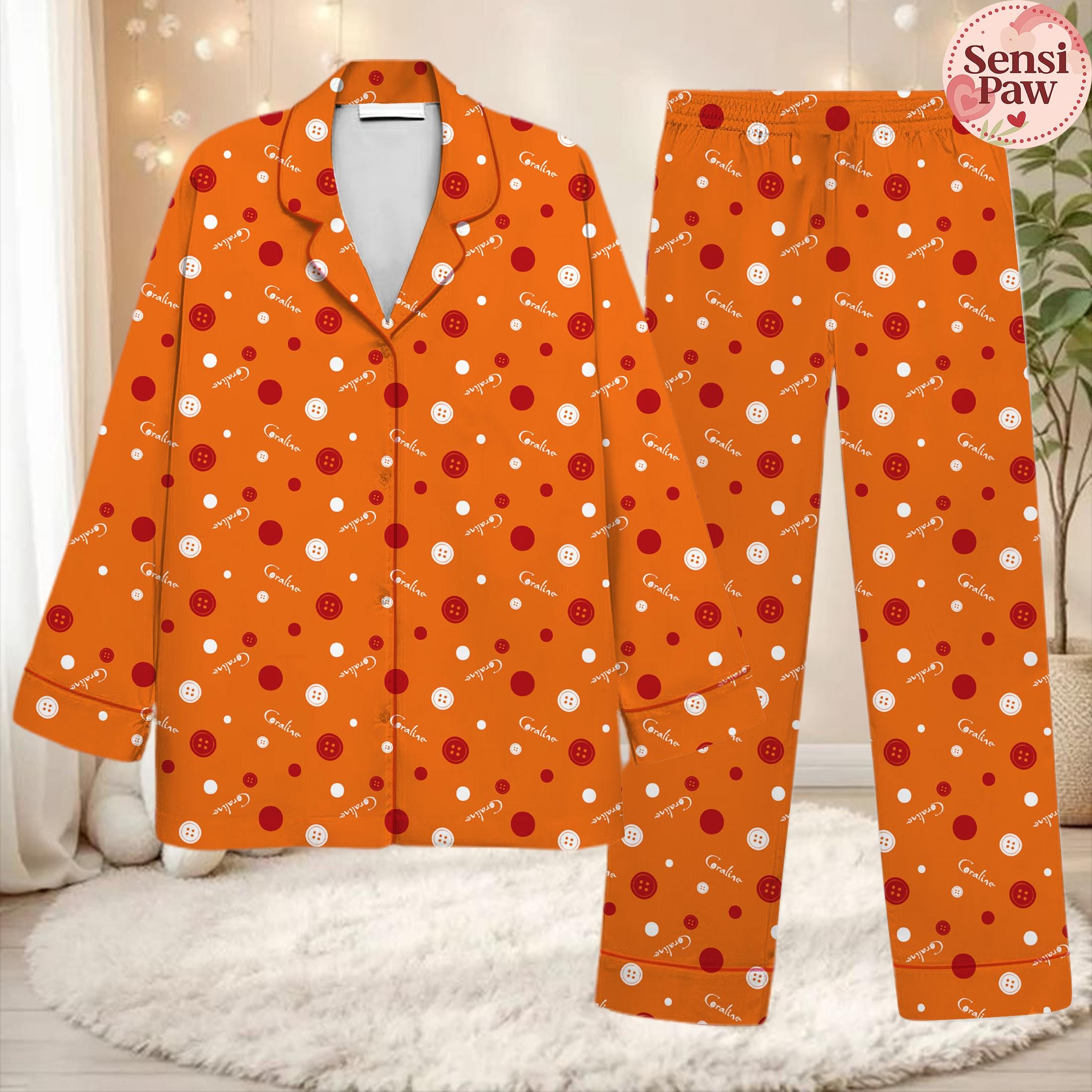 Discover Coraline Button Pattern Pajama Set  Spooky Halloween Sleepwear  Cozy Lounge Set for Women, Creepy Cute PJs Gift