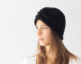 Sales Black hand knit turban hat handknitted women's hat winter hat knit cap