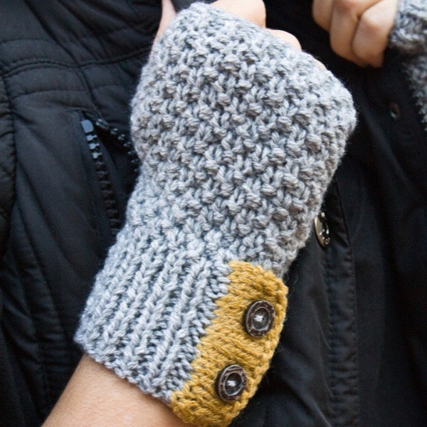 Grey fingerless gloves with yellow detail