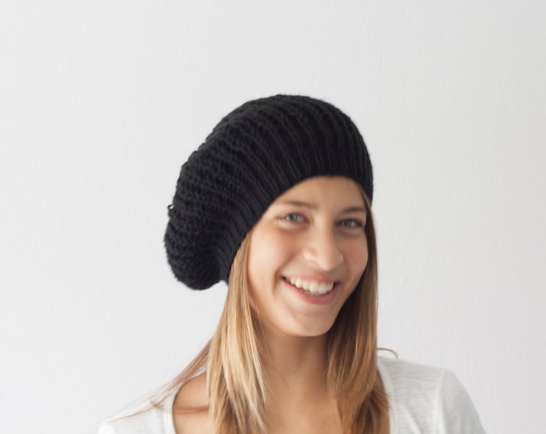 Sales Black Knit Beret Knit Hat Slouchy Beanie Womens Knit Hat Etsy