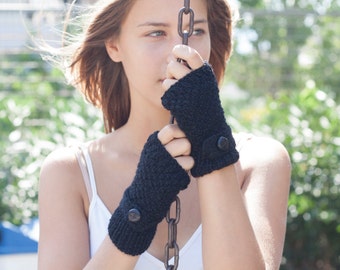 Guantes negros tejidos a mano con correa y botón, guantes sin dedos, mitones, calentadores de muñecas, calentadores de manos, guantes para mensajes de texto.