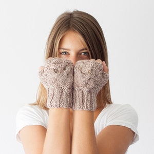 Sales Owl fingerless gloves in beige mittens hand knit gloves hand warmers texting gloves mittens mitts wrist gloves image 1