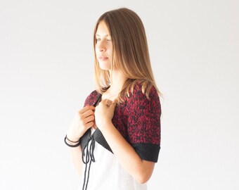 Sales Knit bolero in red - black with black endings knit shrug capelet short sleeve knit shrug