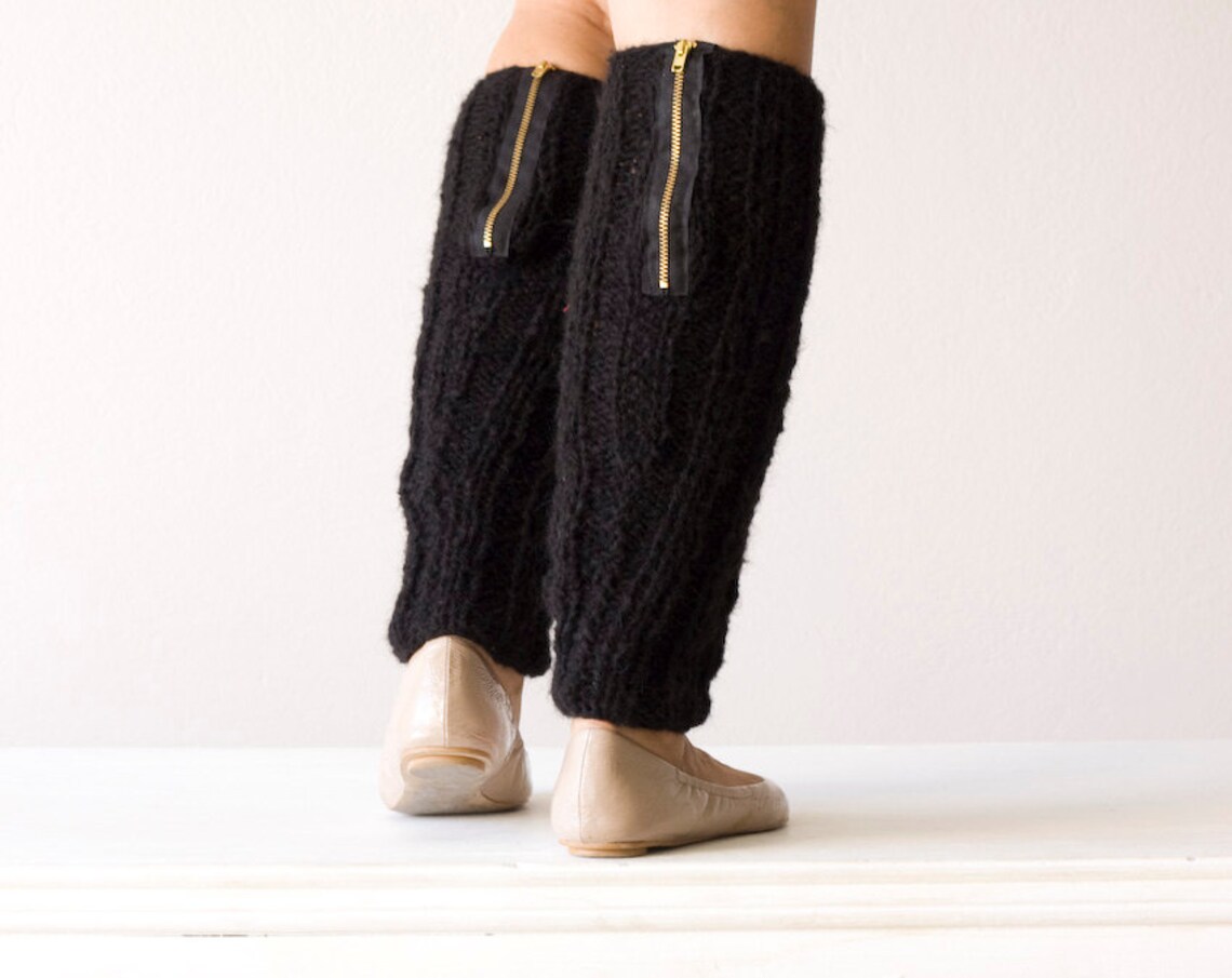 Sales Black Knit Leg Warmers With a Zipper Slouchy Leg Warmers Spats Leggings Knit Leg Warmers