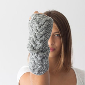 Sales Hand knit grey cable arm warmers long fingerless gloves hand knit women's gloves mittens half finger gloves gift under 40 image 3