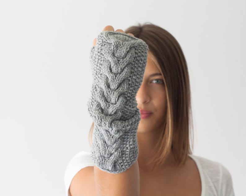 Sales Hand knit grey cable arm warmers long fingerless gloves hand knit women's gloves mittens half finger gloves gift under 40 image 3