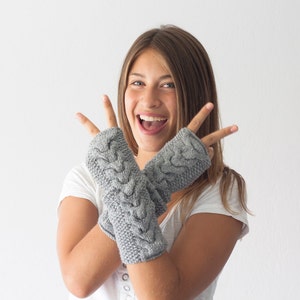 Sales Hand knit grey cable arm warmers long fingerless gloves hand knit women's gloves mittens half finger gloves gift under 40 image 2