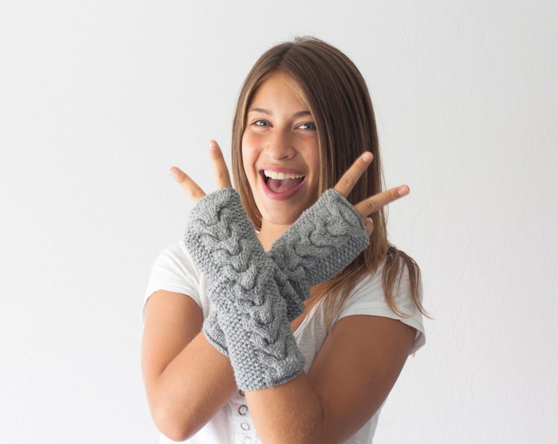 Sales Hand knit grey cable arm warmers long fingerless gloves hand knit women's gloves mittens half finger gloves gift under 40 image 2