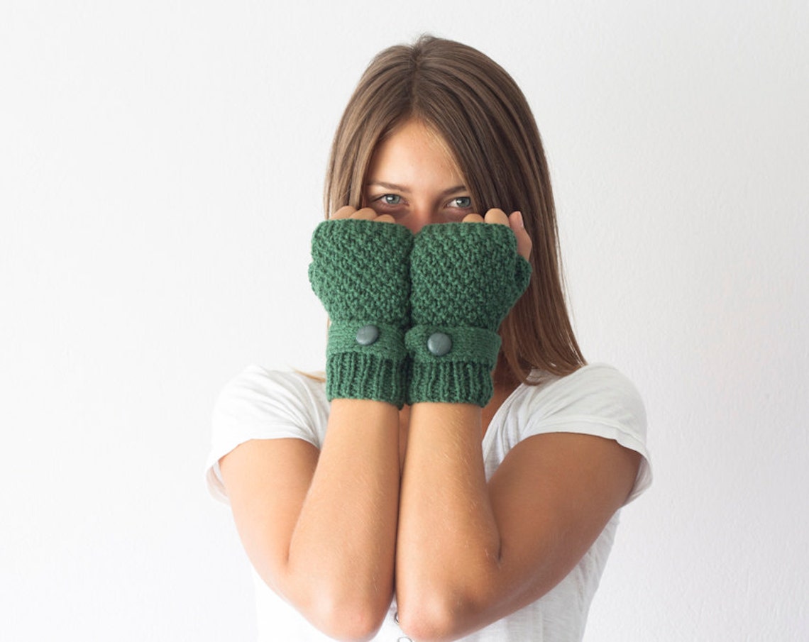 Sales Green Knit Gloves With a Strap and Button Fingerless Etsy
