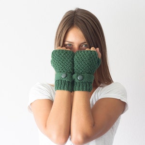 Sales Green knit gloves with a strap and button fingerless gloves half finger gloves wrist warmers knit womens gloves image 1