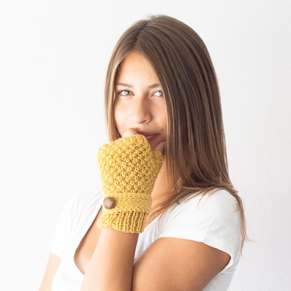 Yellow hand knit fingerless gloves with a strap and button,wrist gloves,texting gloves,hand warmers,wrist warmers,womens accessories