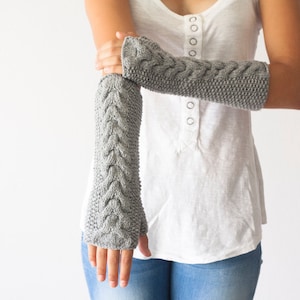 Sales Hand knit grey cable arm warmers long fingerless gloves hand knit women's gloves mittens half finger gloves gift under 40 image 1