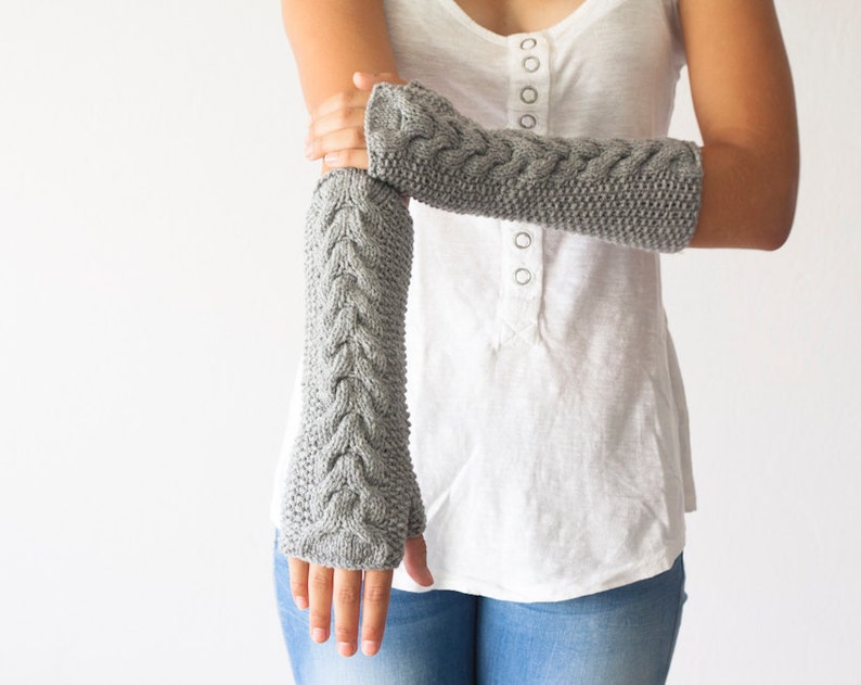 Sales Hand knit grey cable arm warmers long fingerless gloves hand knit women's gloves mittens half finger gloves gift under 40 image 1