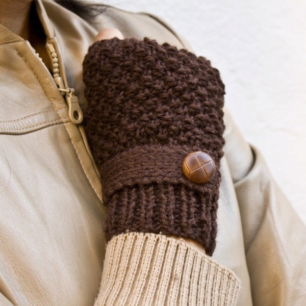 Brown knit fingerless gloves ,mittens with a strap