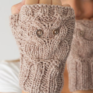 Sales Owl fingerless gloves in beige mittens hand knit gloves hand warmers texting gloves mittens mitts wrist gloves image 2