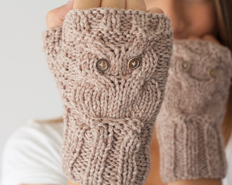 Sales Owl fingerless gloves in beige mittens hand knit gloves hand warmers texting gloves mittens mitts wrist gloves image 2