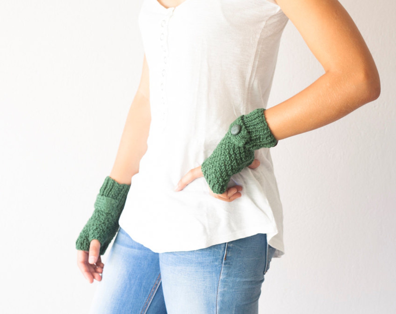 Sales Green Knit Gloves With a Strap and Button Fingerless Etsy