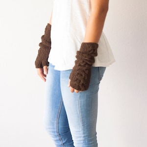 Sales Brown arm warmers long fingerless gloves gloves with cable pattern half finger gloves texting gloves hand knit gloves