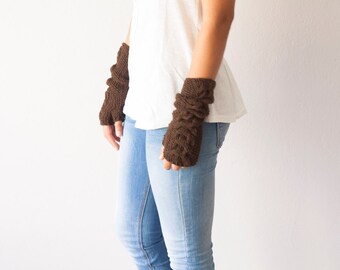 Sales Brown arm warmers long fingerless gloves gloves with cable pattern half finger gloves texting gloves hand knit gloves