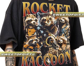 Maglietta vintage unisex con scritta "Rocket Raccoon" in edizione limitata
