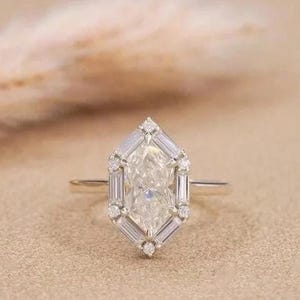 Dutch Marquise Cut Moissanite Diamond Ring with Side Baguette Moissanite Ring, Hexagon Shape Diamond Gold Ring, Dutch Marquise Ring For Her