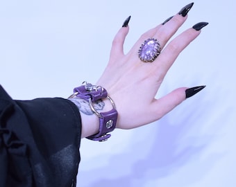LENORE Cuff: Purple leather cuff with O-ring and buttons, bracelet, wristband