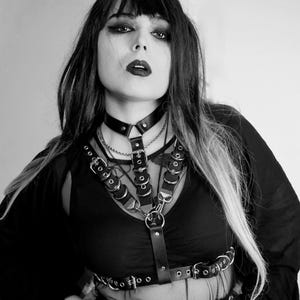 TANK GIRL HARNESS: Leather chest harness with neck collar and transformer straps