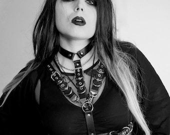 TANK GIRL HARNESS: Leather chest harness with neck collar and transformer straps
