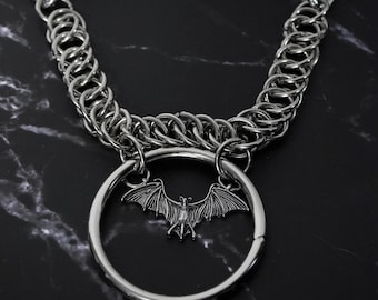 BAT CHAINMAIL Choker: Gothic Metal Bat Pendant, O-Ring, PVC Strap