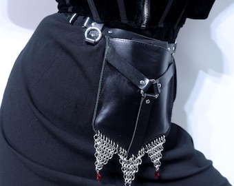 GOTHIC POCKET POUCH bag : chainmail genuine leather waist harness with belt strap