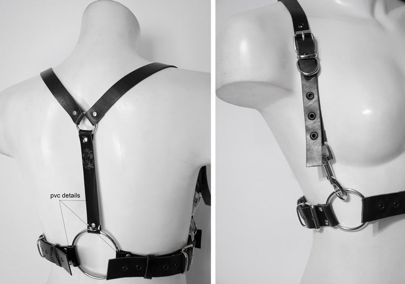 May include: Black leather harness with silver hardware and a large ring in the back. The harness has adjustable straps and a buckle closure.