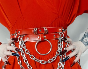 MASSIVE CHAIN BELT: Red Leather gothic belt with chains, D-rings and big O-ring