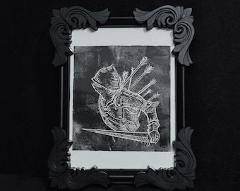 Framed Gothic Linocut Print – Handmade Dark Illustration, Bat Art