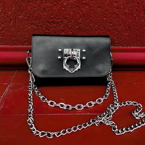 KAJAN LEATHER BAG: gothoc purse with bat pendant, chain handle and belt strap image 1