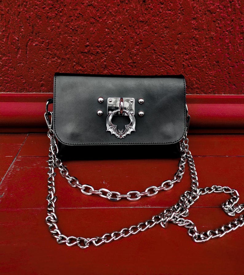 KAJAN LEATHER BAG: gothoc purse with bat pendant, chain handle and belt strap image 1