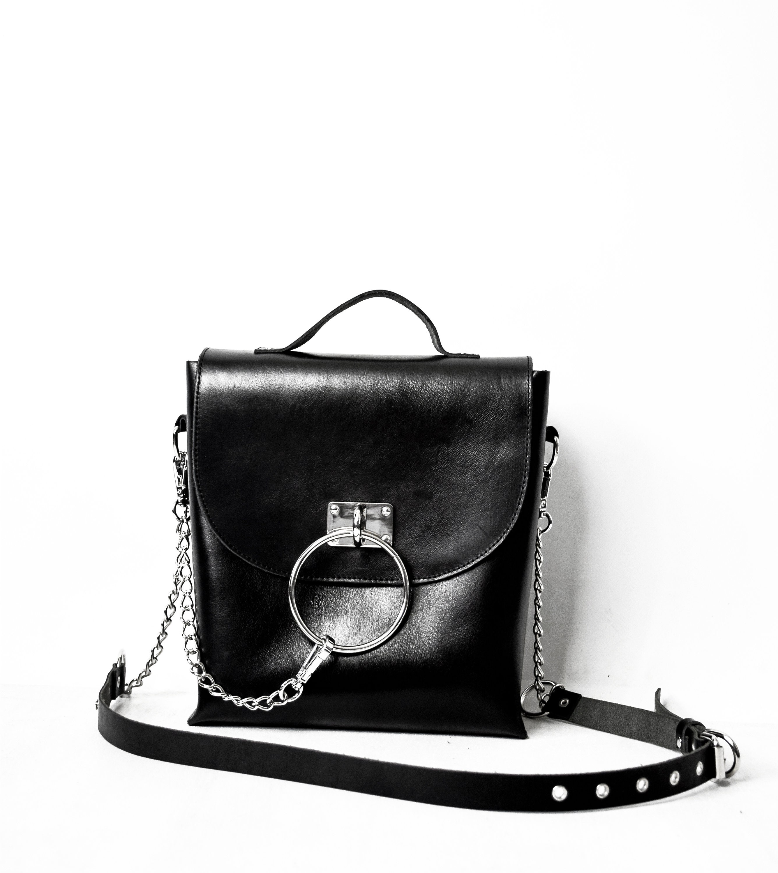 NOIR O-RING BAG: Leather Handbag With Crossbody Shoulder Strap, O 