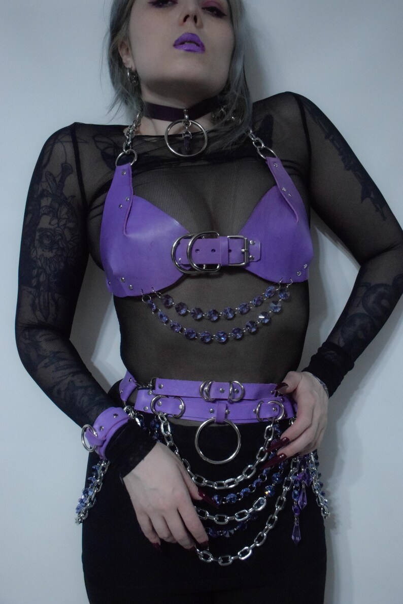 May include: A purple leather-like harness set featuring a bra top with a center buckle, a matching waist belt, and a wrist cuff. The set is adorned with silver-toned metal hardware, including O-rings, chains, and dangling purple crystal-like beads.