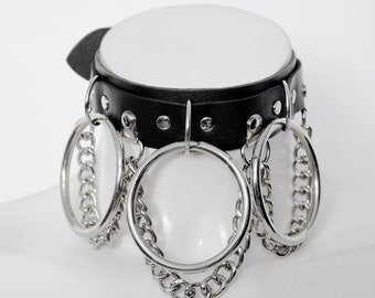 Chain o-ring punk choker : Unisex rave  gothic  leather necklace with  big rings, PHOEBUS