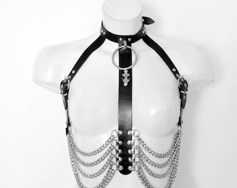 ERA CHEST HARNESS: Leather harness with neck collar and under bust chains