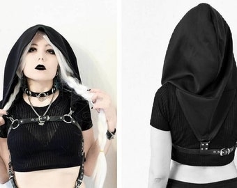 ASSASSIN HOODED HARNESS: Leather body accessory with black hood